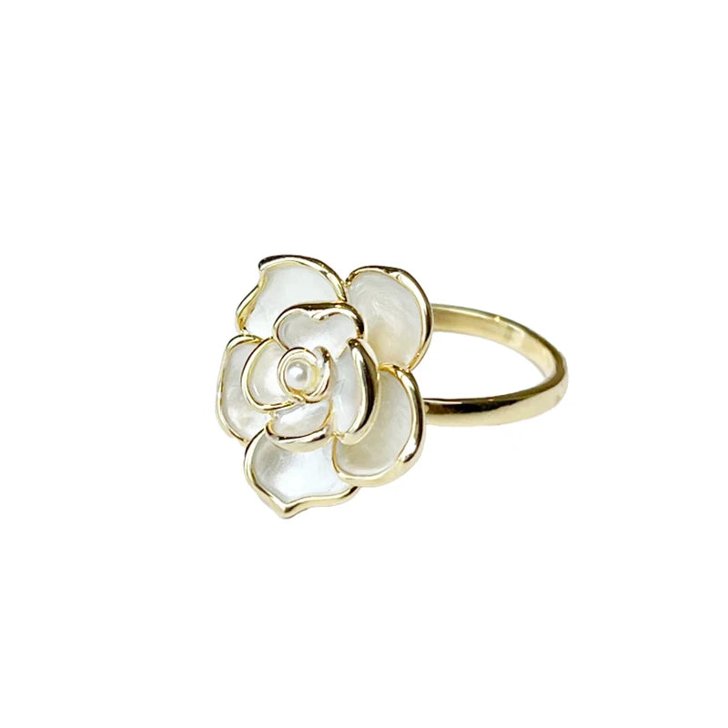 New Elegant White Oil Dripping Camellia Rings For Woman