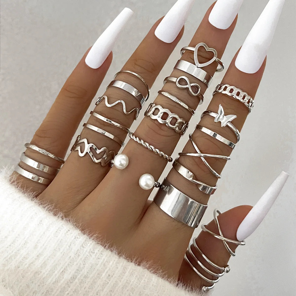 Fashion Simple Wave Joint Rings Set For Women Crystal Heart Shape