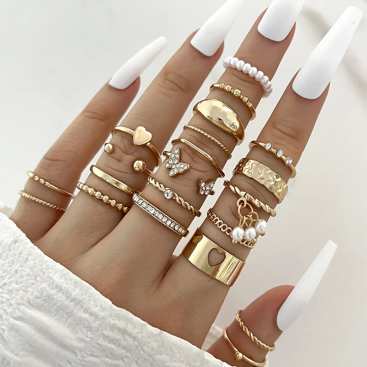 Fashion Simple Wave Joint Rings Set For Women Crystal Heart Shape