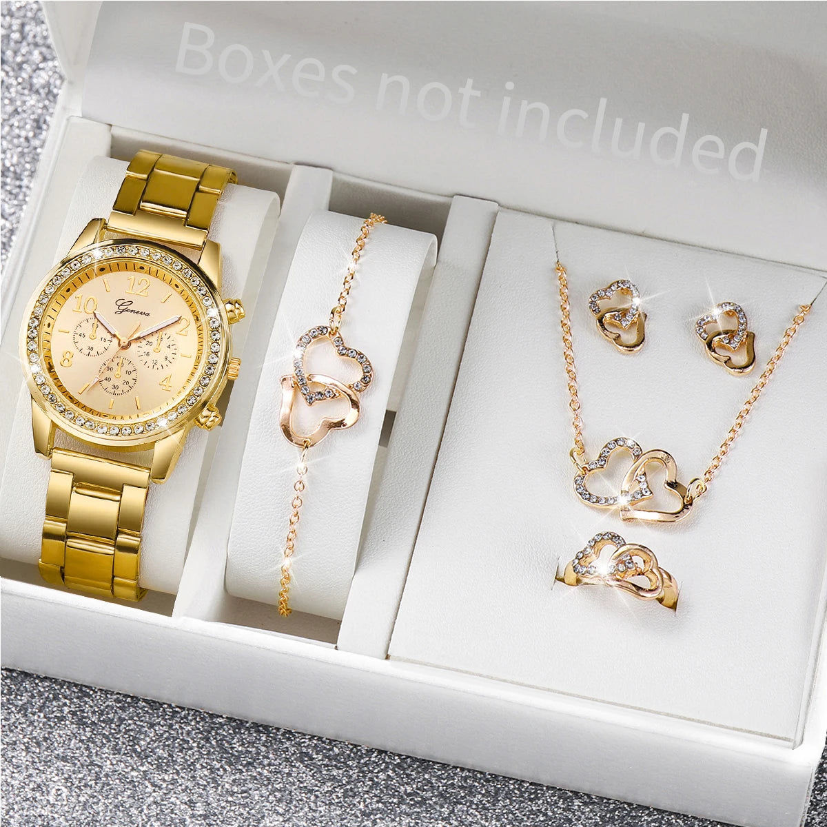 "Rose Gold Elegance: Rhinestone Watch & Double Heart Jewelry Set"