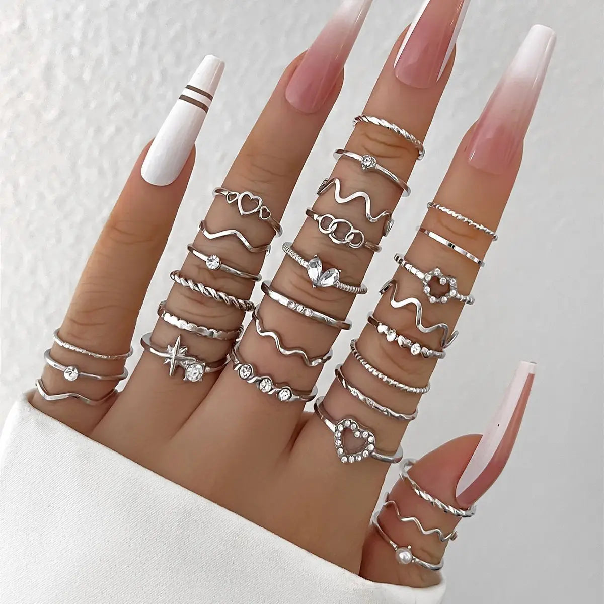 Fashion Simple Wave Joint Rings Set For Women Crystal Heart Shape