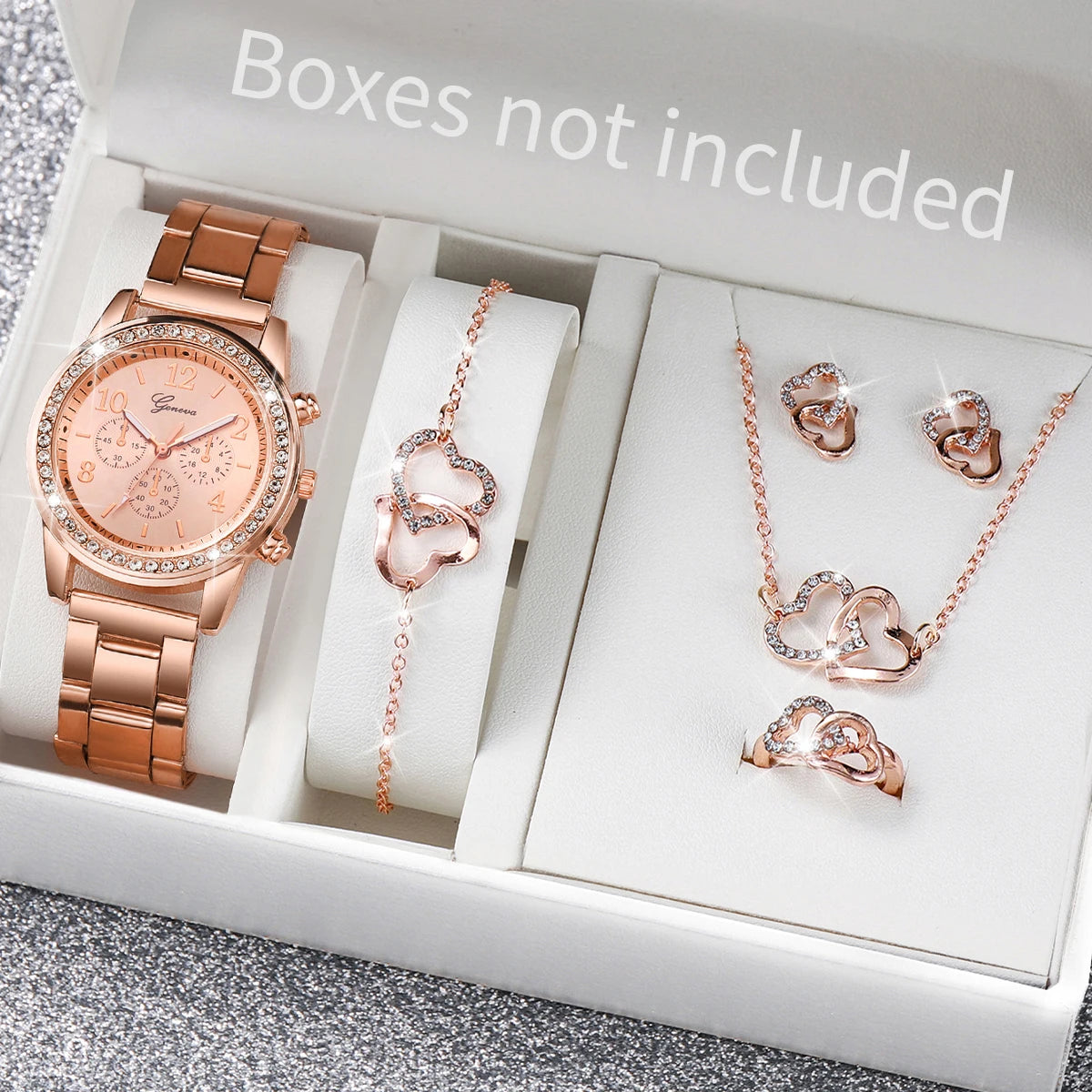 "Rose Gold Elegance: Rhinestone Watch & Double Heart Jewelry Set"