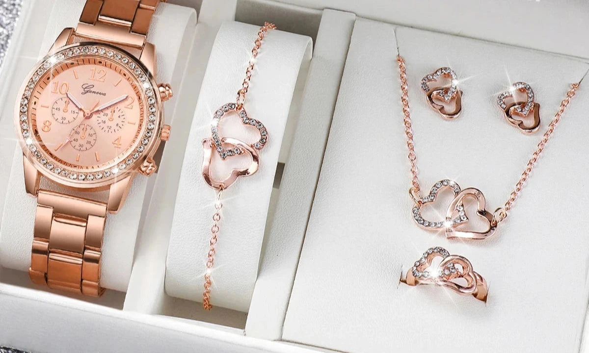 "Rose Gold Elegance: Rhinestone Watch & Double Heart Jewelry Set"