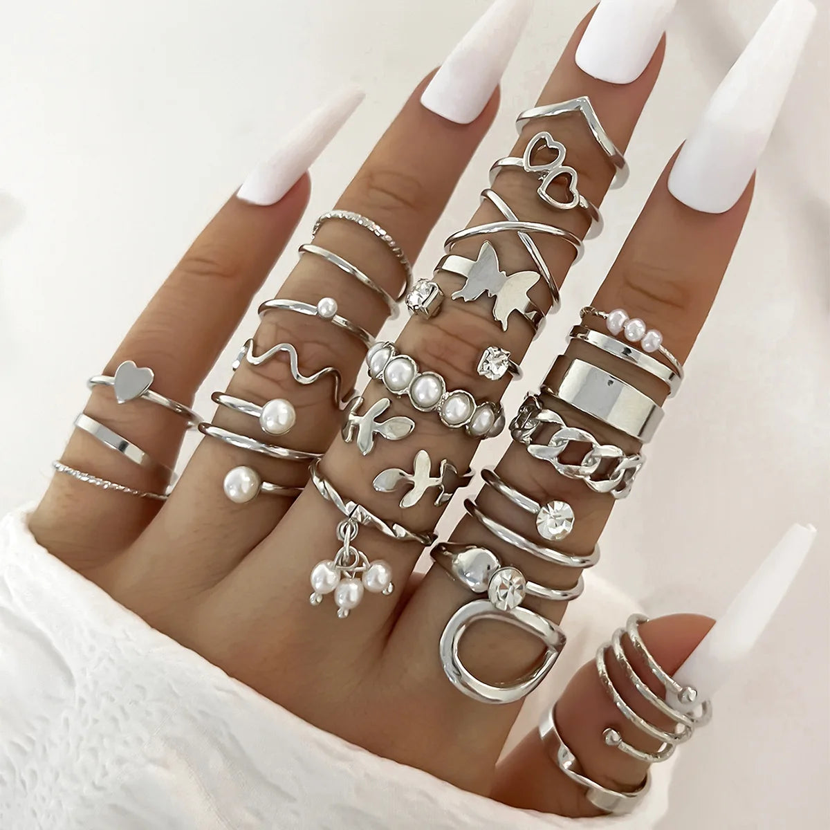 Fashion Simple Wave Joint Rings Set For Women Crystal Heart Shape