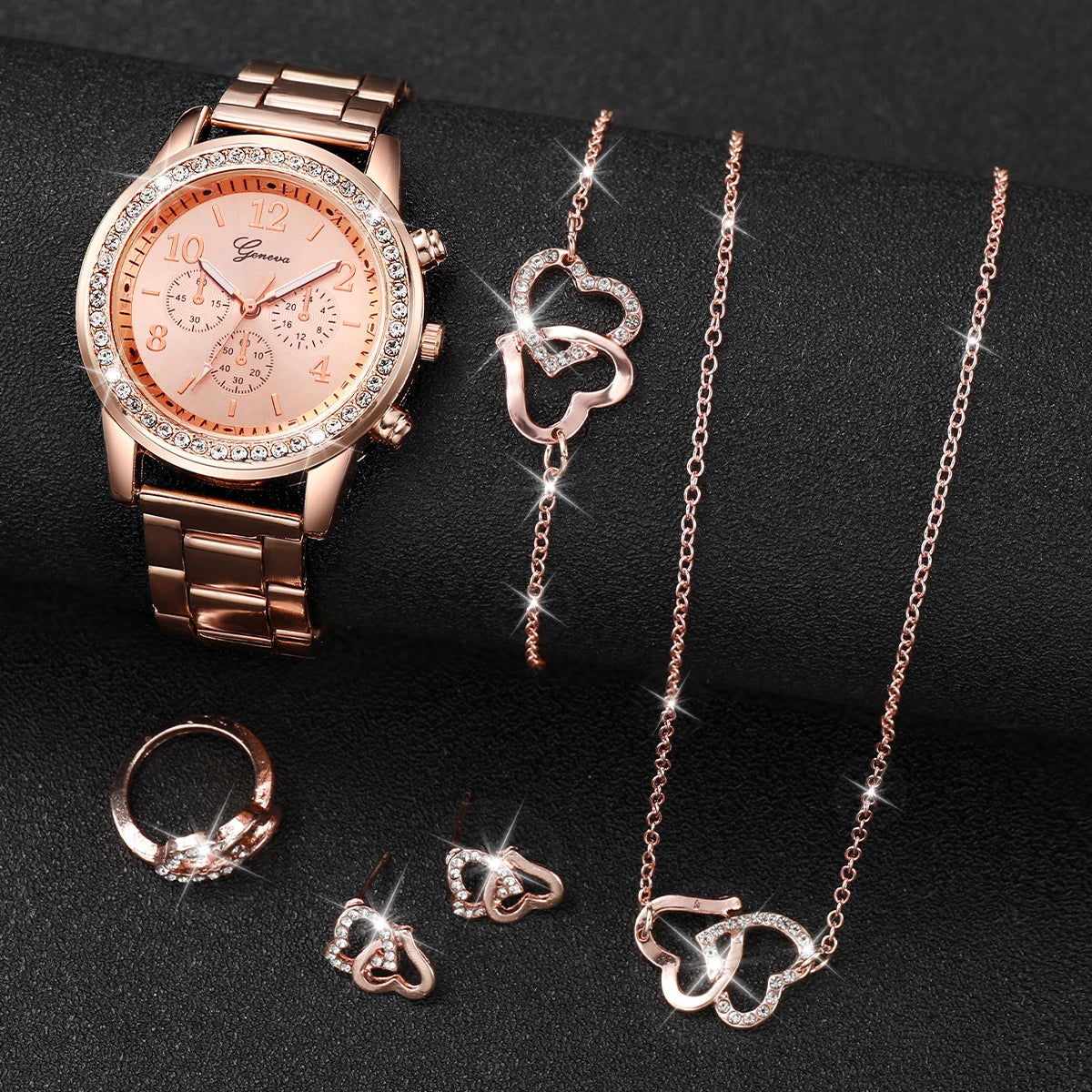 "Rose Gold Elegance: Rhinestone Watch & Double Heart Jewelry Set"