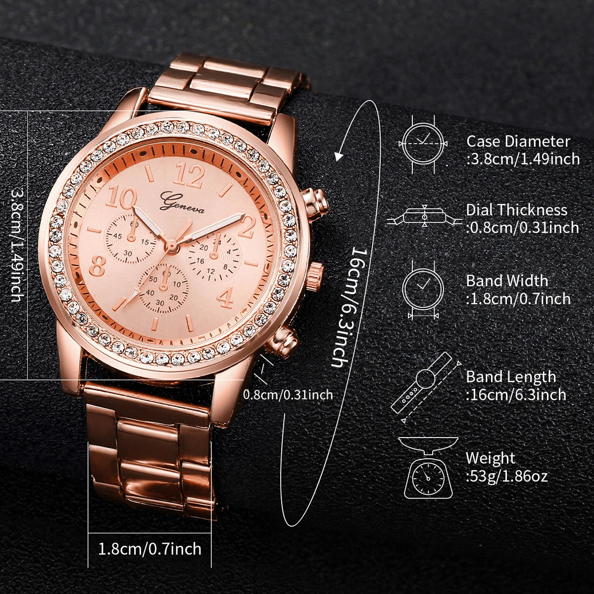 "Rose Gold Elegance: Rhinestone Watch & Double Heart Jewelry Set"