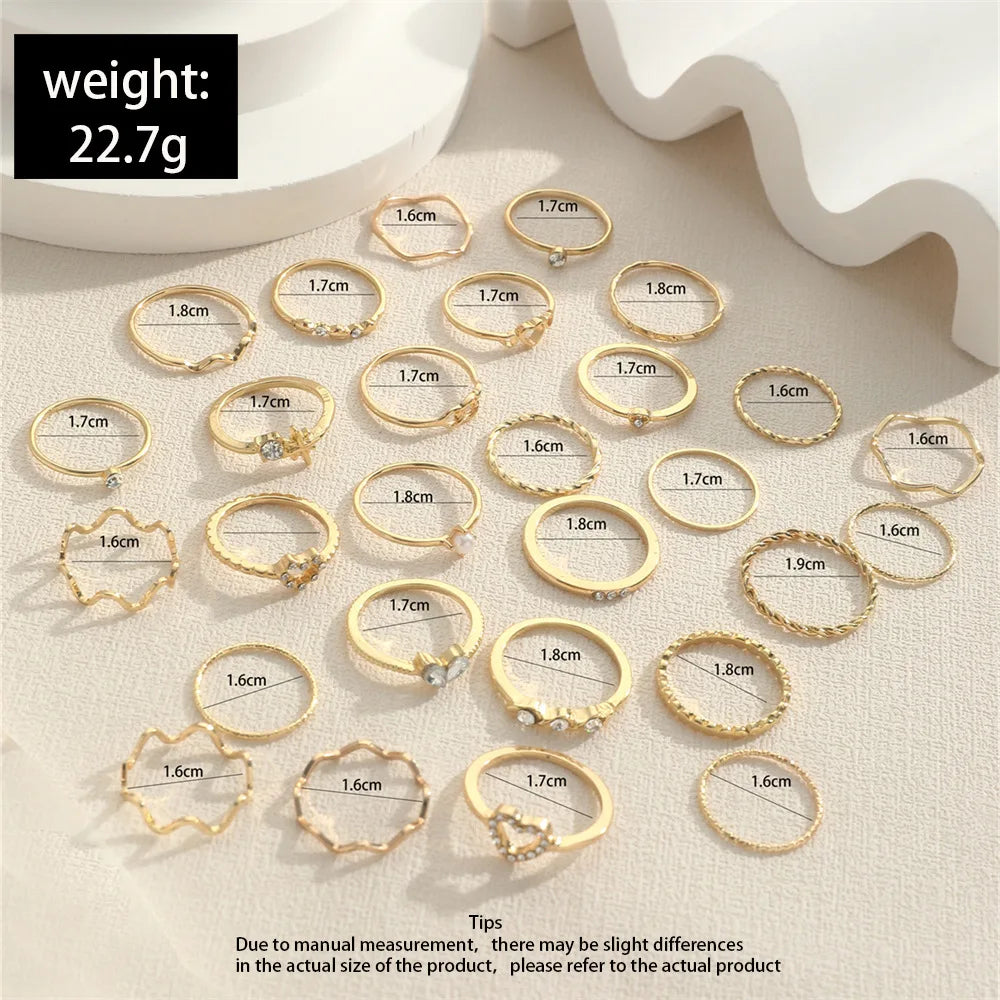 Fashion Simple Wave Joint Rings Set For Women Crystal Heart Shape