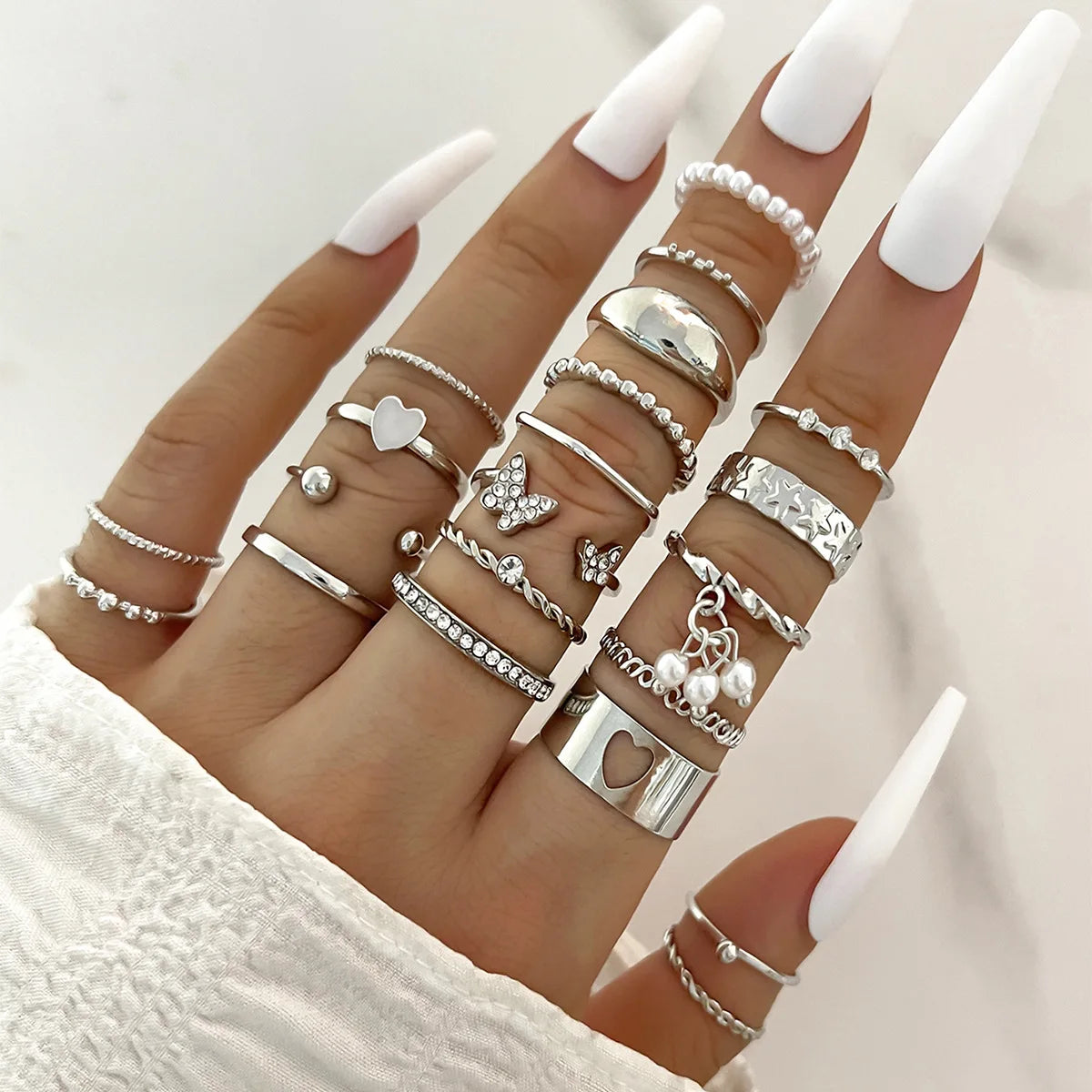 Fashion Simple Wave Joint Rings Set For Women Crystal Heart Shape