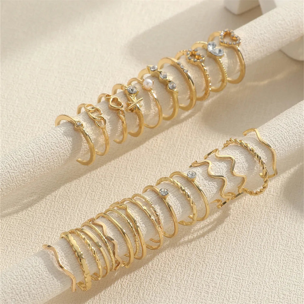 Fashion Simple Wave Joint Rings Set For Women Crystal Heart Shape