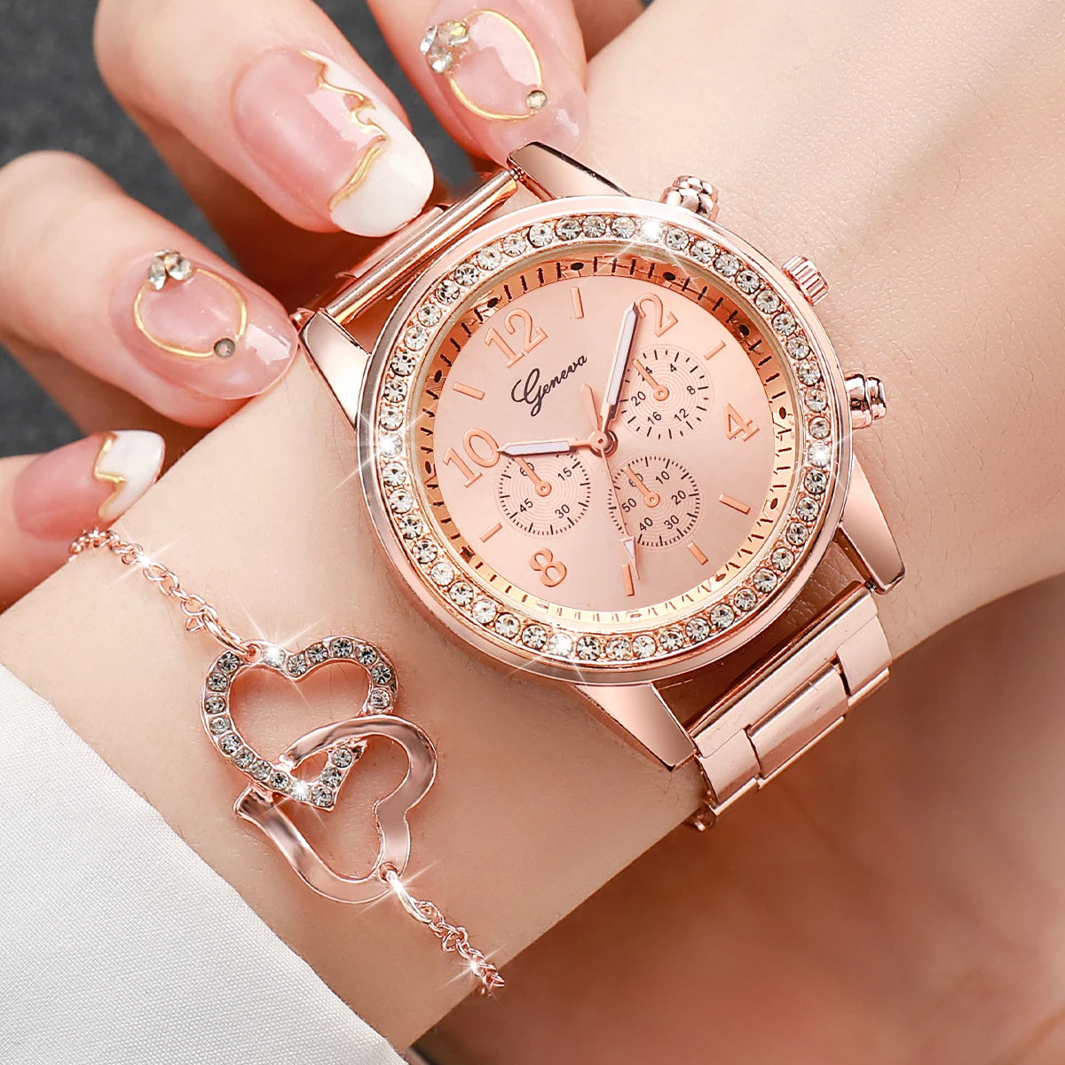 "Rose Gold Elegance: Rhinestone Watch & Double Heart Jewelry Set"