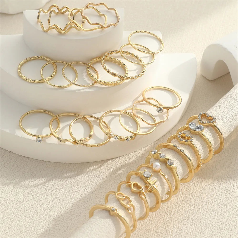 Fashion Simple Wave Joint Rings Set For Women Crystal Heart Shape